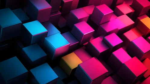 Vibrant 3D Cubes Abstract Art in Neon Blue and Pink Lighting.