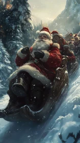 Dynamic Santa sleigh descent through steep alpine snow corridor