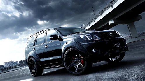 Storm-chasing black SUV poised under brooding city overpass.
