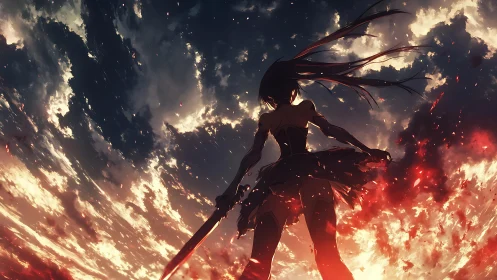 Silhouetted anime swordswoman against burning sky.
