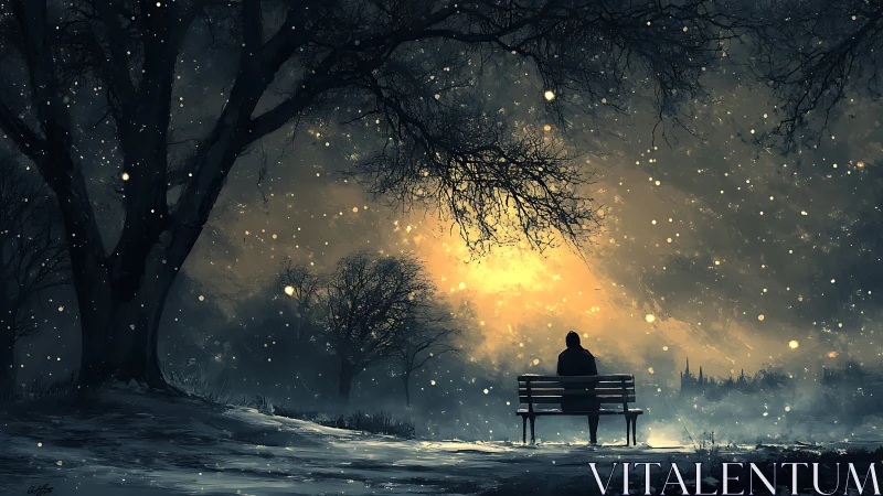 Solitary dreamer beneath ember-lit winter snowfall sky.