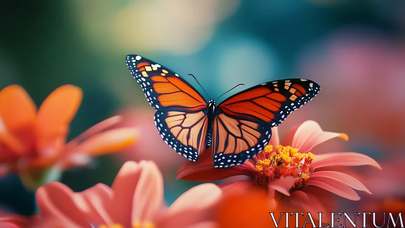 Monarch butterfly rests on coral blossoms in shallow focus field
