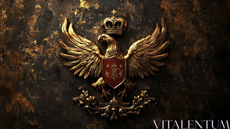 Golden heraldic eagle crest with crown on textured background.