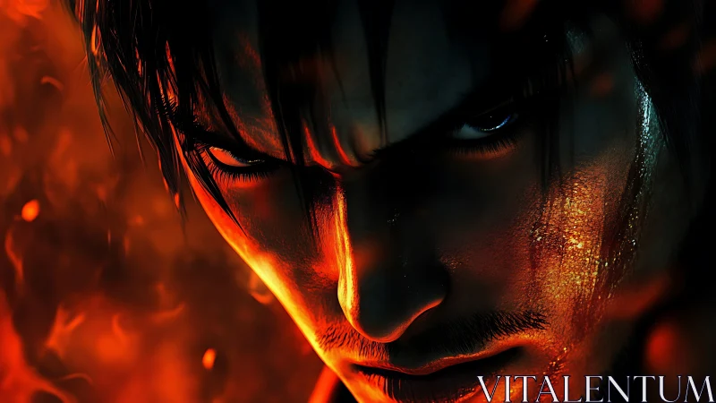 Intense male warrior rendered in high-contrast fiery lighting