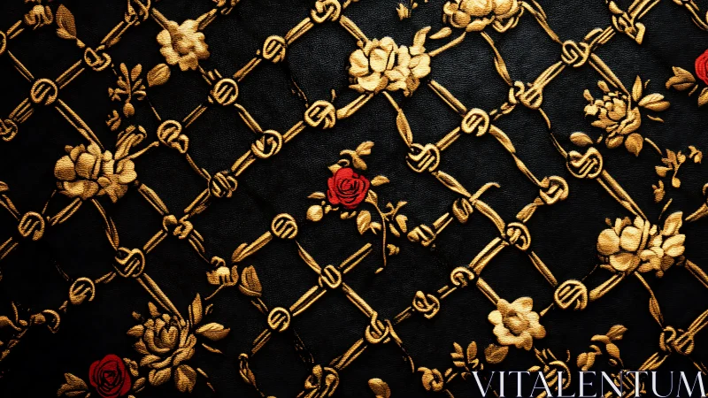 Gold floral lattice embroidery on black leather surface.