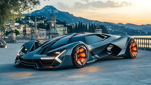 Futuristic hypercar with neon wheels on lakeside promenade.