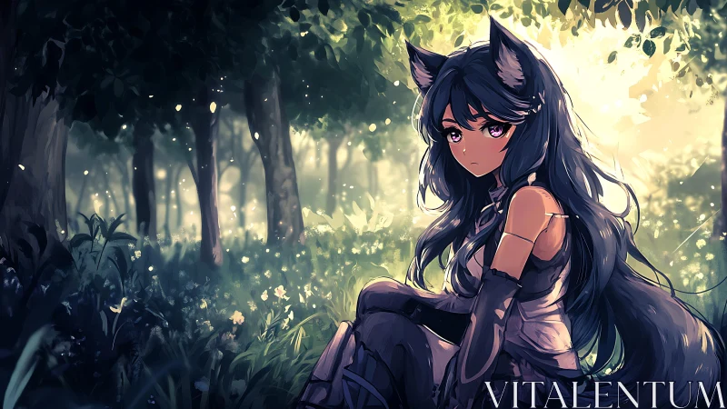 Forest light surrounds fox-eared girl in stylized anime scene.
