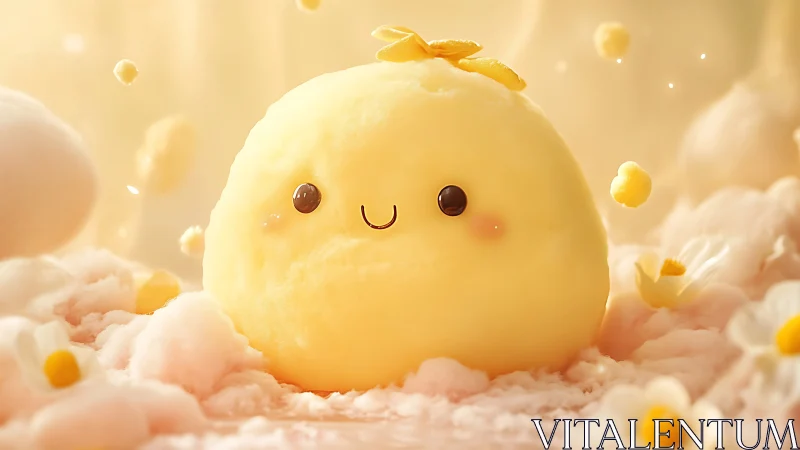 Cheerful Yellow Character Resting on Pastel Cloud