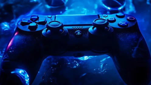 PlayStation Controller in Neon Blue Digital Environment