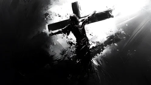 Monochrome crucifix figure rendered with high-contrast strokes