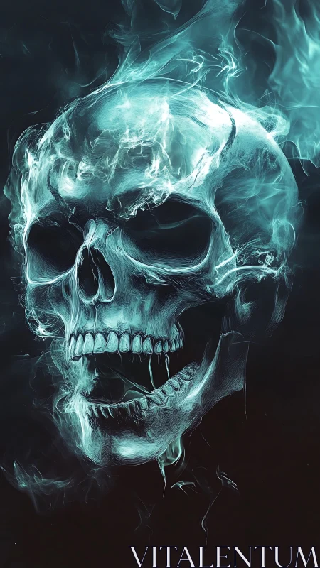 Flaming spectral skull emerges from darkness with neon fire