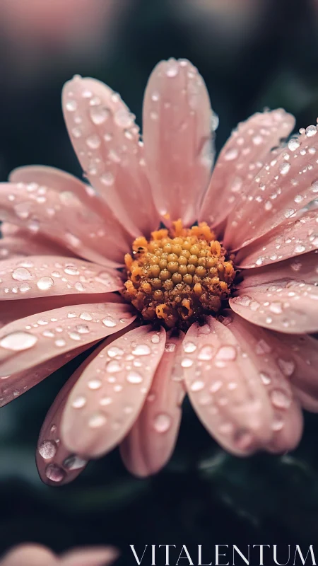 Pink Daisy with Dew Drops: Macro Floral Study.