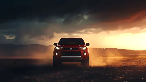 Front-facing red SUV in dynamic off-road dust plume at sunset.