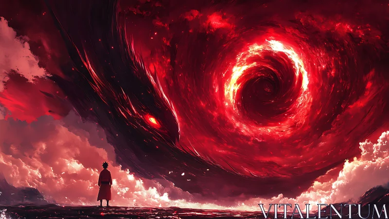 Fiery cosmic vortex looms above lone hero on crimson horizon.