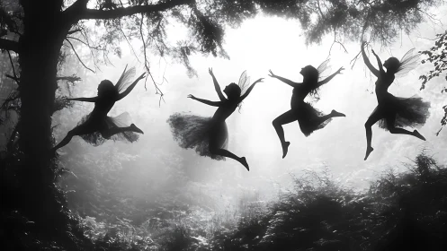 Joyful forest fairies leaping together in soft morning light.