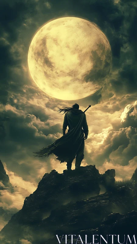 Fantasy warrior silhouette before monumental moonlit sky composition.