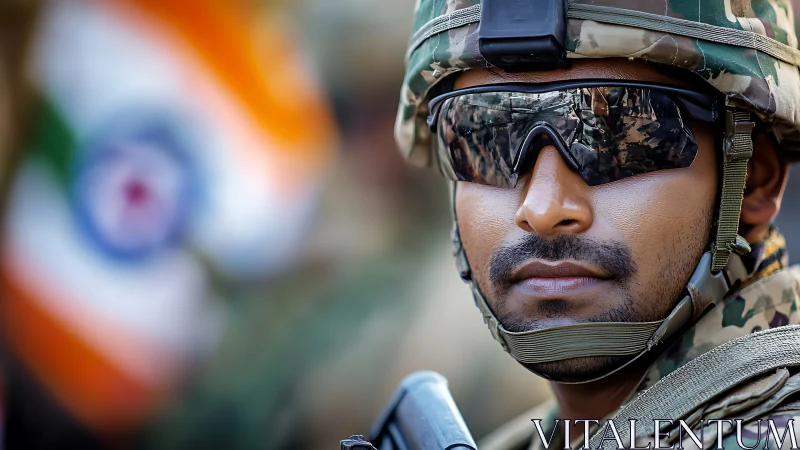 Indian soldier in combat gear with blurred national flag.