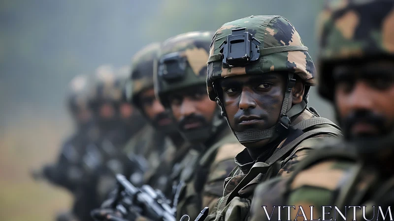 Soldiers in camouflage helmets lined up in formation.