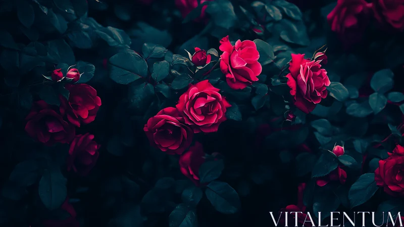 Deep red roses displayed against dark teal foliage and shadowed background.