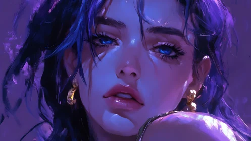 Melancholic blue-haired woman bathed in ethereal violet light.