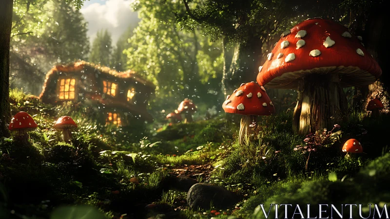 Enchanted forest mushrooms glow beside warm cottage light.