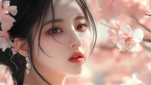 Digital portrait captures serene woman amid soft cherry blossoms