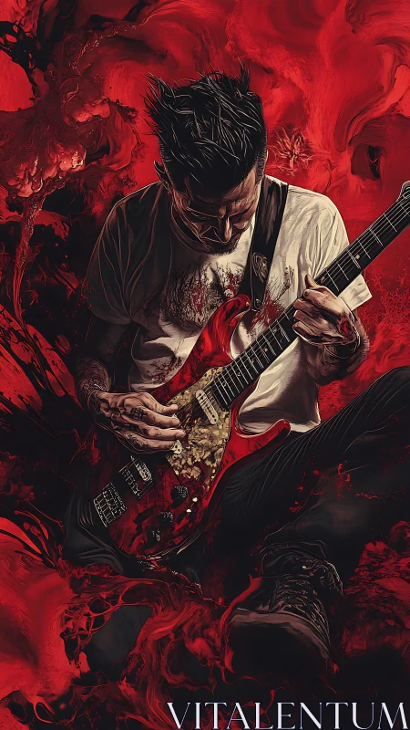 Guitarist in red abstract environment, stylized digital portrait.