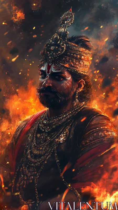 Regal warrior figure in ornate armor amid rising flames.