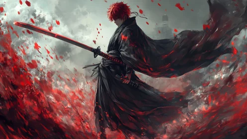 Red haired swordsman stands within swirling crimson storm