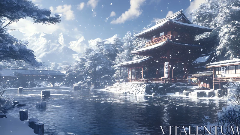 Snow-laden Japanese temple by river under crisp winter sky.