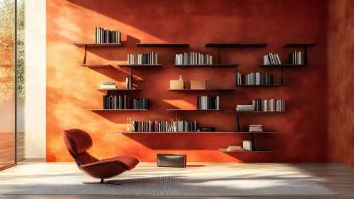 Parametric wall shelving with modern lounge reading module.