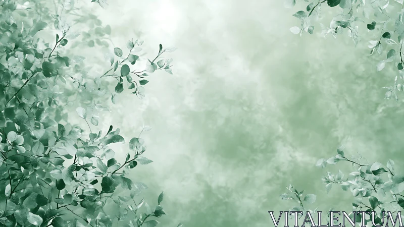 Soft green foliage frames misty pastel botanical sky.