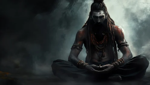 Meditating ascetic in smoke filled dark atmospheric scene.