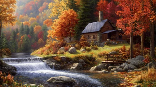 Rustic cabin beside river in vivid autumn forest landscape.