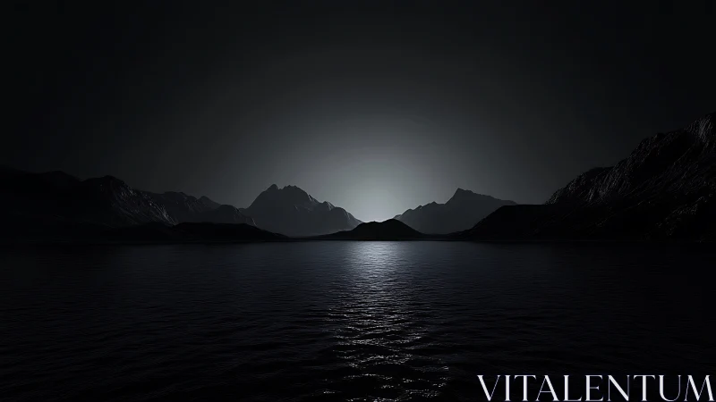 Lunar backlit mountain range over still nocturnal lake horizon