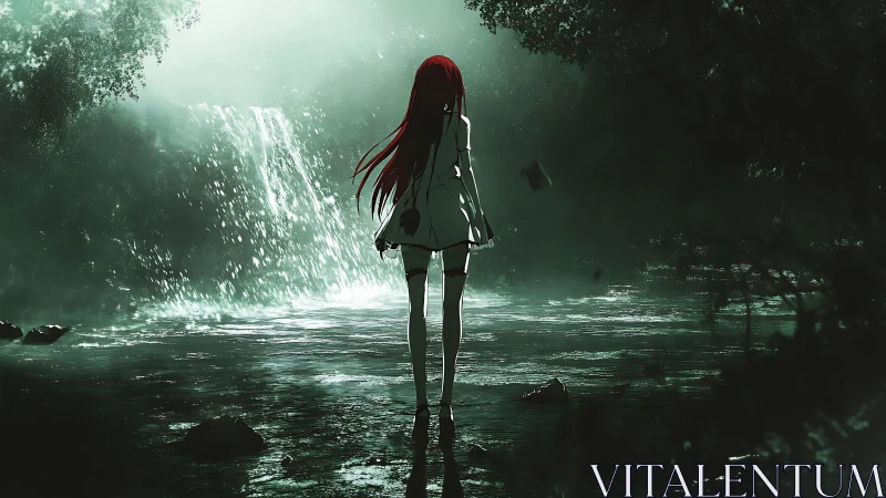 Silhouetted girl stands before bright forest waterfall