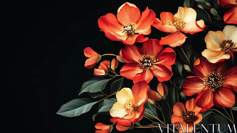 Red and Coral Cosmos Flowers with Cream Petals on Black Background