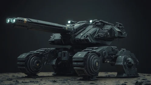 Futuristic rover tank quietly waits on a shadowy frontier.