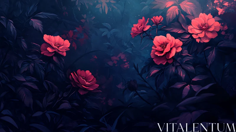 Crimson Peonies Blooming in Twilight Darkness