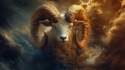 Ram head rendered with dramatic lighting and dense clouds
