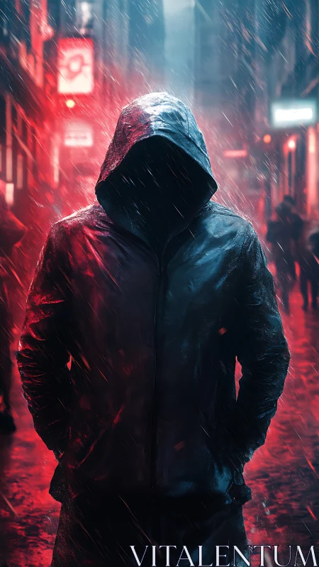Hooded figure in rainlit cyberpunk alley at night.