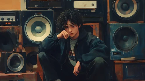 Brooding downtown dreamer in a crumbling wall of speakers.