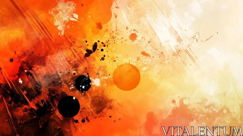Vibrant abstract art with orange and black splashes and circles.