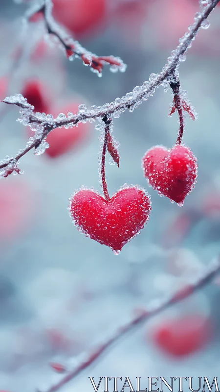 Frozen Heart-Shaped Berries on Frosted Branch.