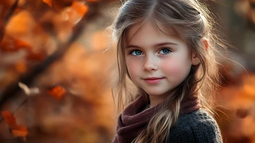 Digital portraiture rendering: Young subject with photorealistic facial features and warm autumn lig