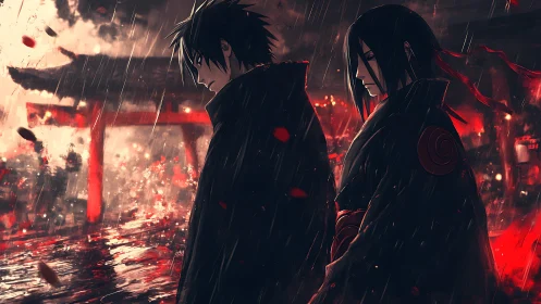 Brooding ninja brothers crossing a rain soaked crimson shrine.