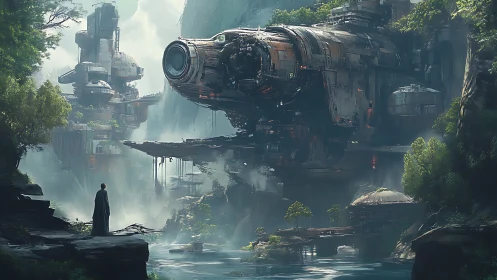 Massive starship hovers above lush canyon settlement.