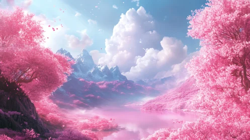 Pink valley lake beneath clouds and distant mountains.