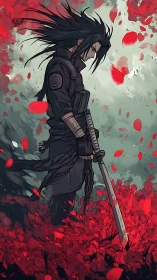 Swordsman stands in red foliage with petals swirling around