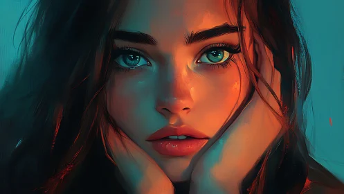 Dreamlit portrait of woman in teal and ember light focus.